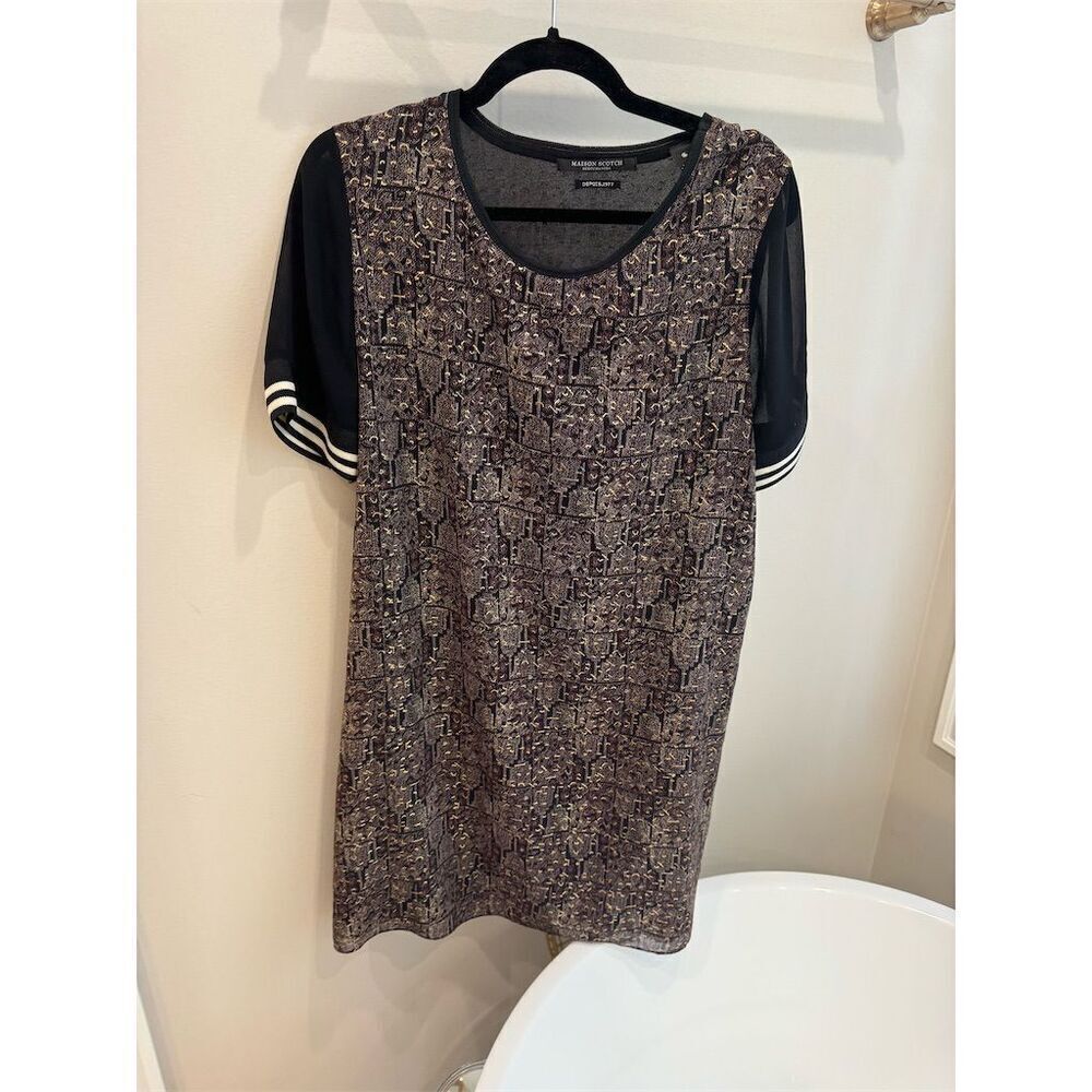 Maison Scotch Women's Black Patterned T-Shirt Dress Size 4 Short Sleeve